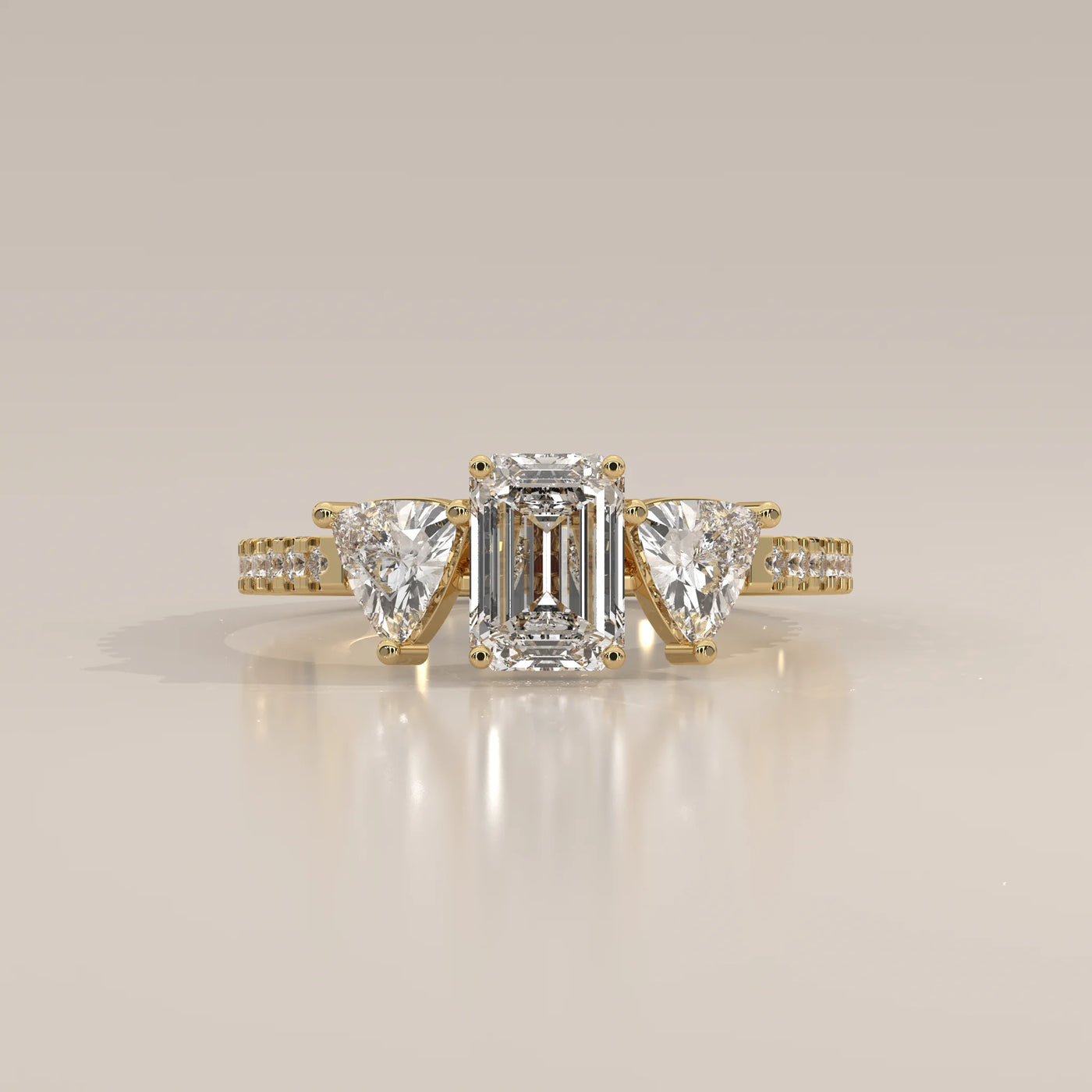 Side Profile: Emerald Cut Diamond Ring with Three-Stone Setting in Yellow Gold – Lab Grown – Driona Jewels