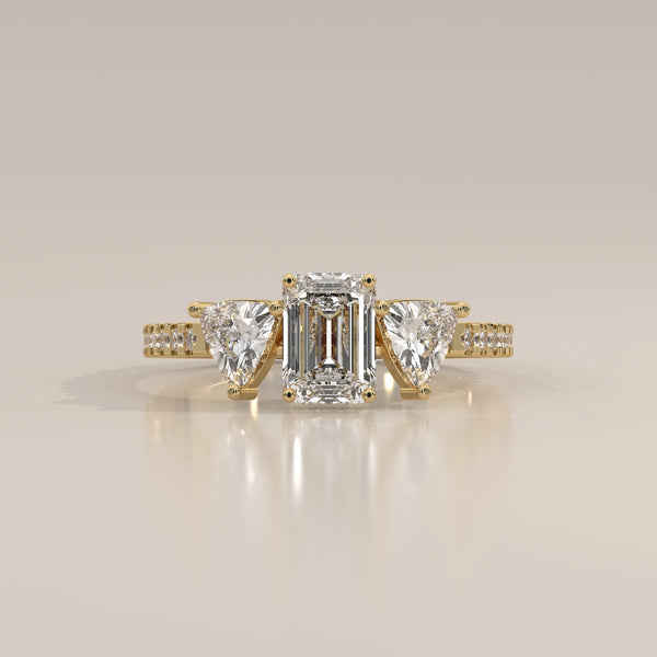 Side Profile: Emerald Cut Diamond Ring with Three-Stone Setting in Yellow Gold – Lab Grown – Driona Jewels