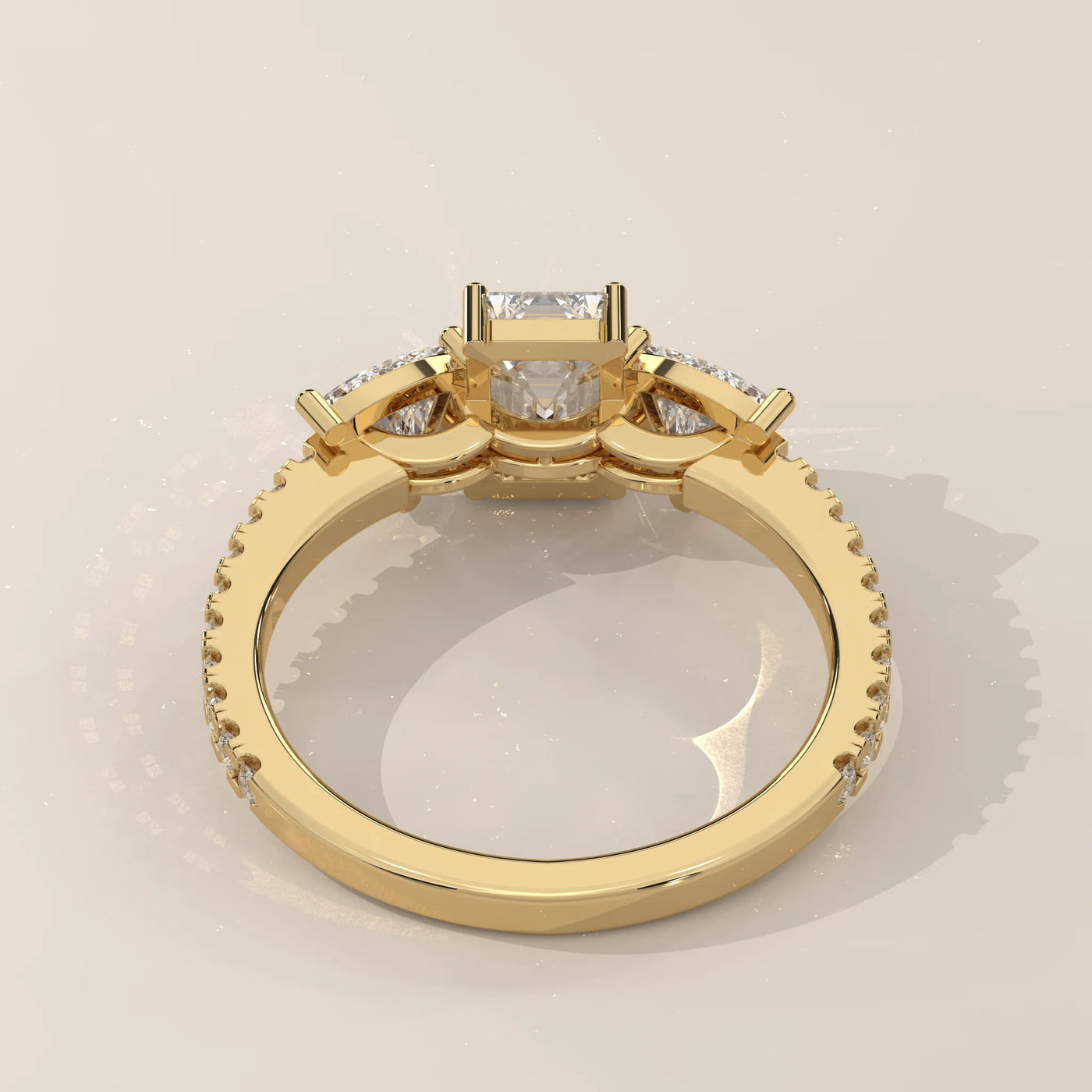 Top View: Emerald Cut Diamond Ring with Three-Stone Setting in Yellow Gold – Lab Grown – Driona Jewels