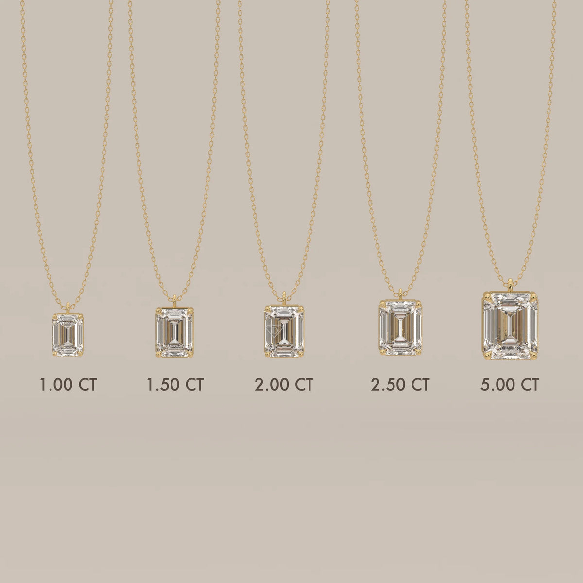 Five emerald-cut diamond pendants on gold chains, varying in carat size.