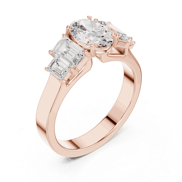 Emerald Diamond Three Stone Baguette Engagement Ring Rose Gold 18K | Lab Grown | Driona Jewels