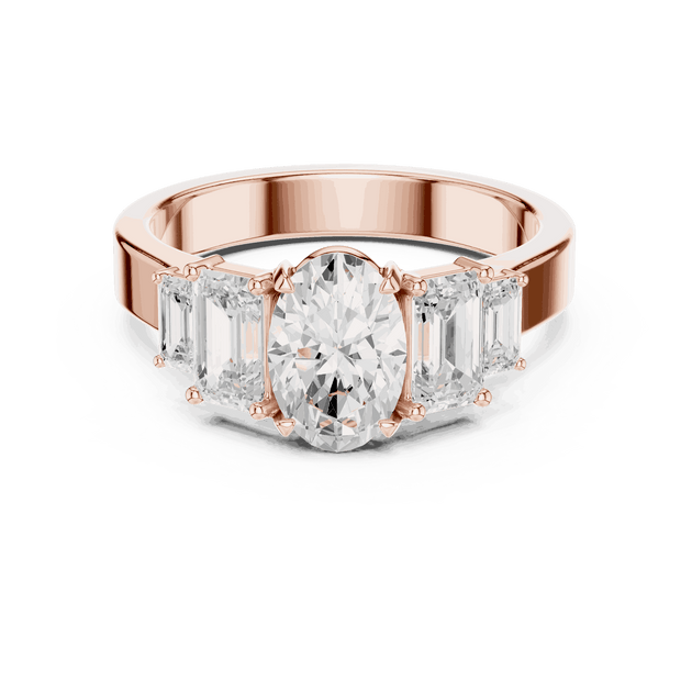 Emerald Diamond Three Stone Baguette Engagement Ring Rose Gold 18K | Lab Grown | Driona Jewels