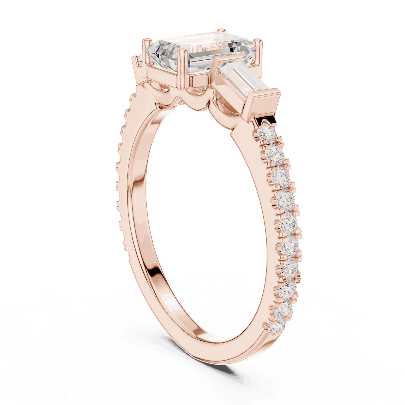 Emerald Diamond Three Stone Baguette Pave Engagement Ring Rose Gold 18K | Lab Grown | Driona Jewels