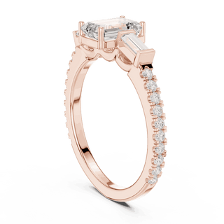Emerald Diamond Three Stone Baguette Pave Engagement Ring Rose Gold 18K | Lab Grown | Driona Jewels
