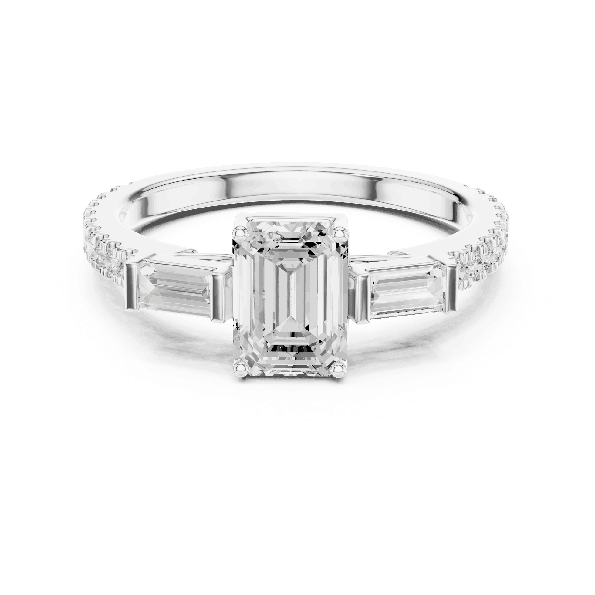 Emerald Diamond Three Stone Baguette Pave Engagement Ring Rose Gold 18K | Lab Grown | Driona Jewels