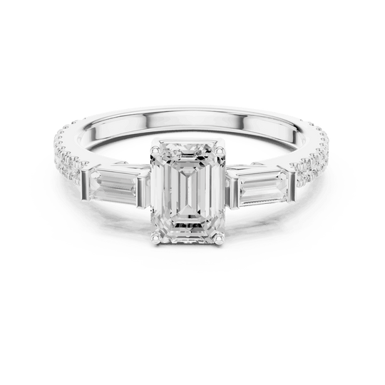 Emerald Diamond Three Stone Baguette Pave Engagement Ring Rose Gold 18K | Lab Grown | Driona Jewels