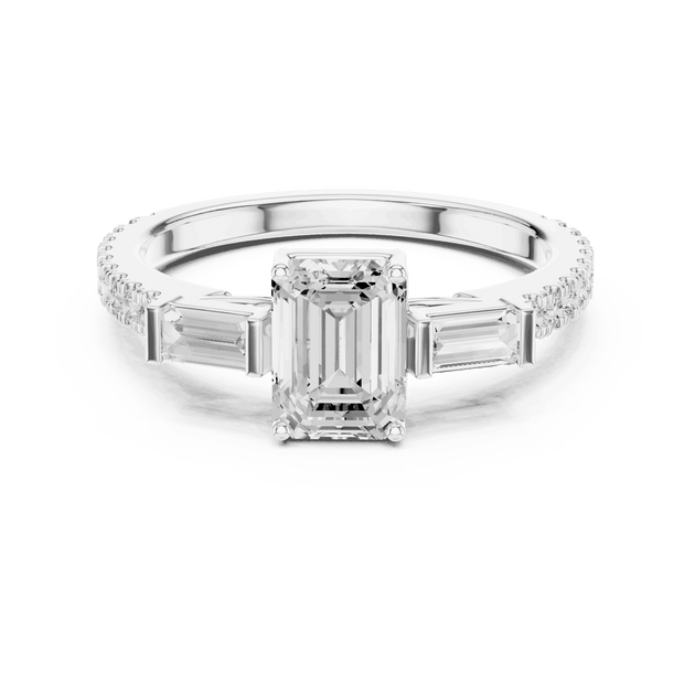Emerald Diamond Three Stone Baguette Pave Engagement Ring Rose Gold 18K | Lab Grown | Driona Jewels