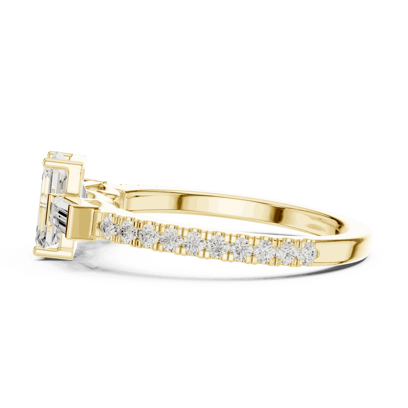 Emerald Diamond Three Stone Baguette Pave Engagement Ring Rose Gold 18K | Lab Grown | Driona Jewels