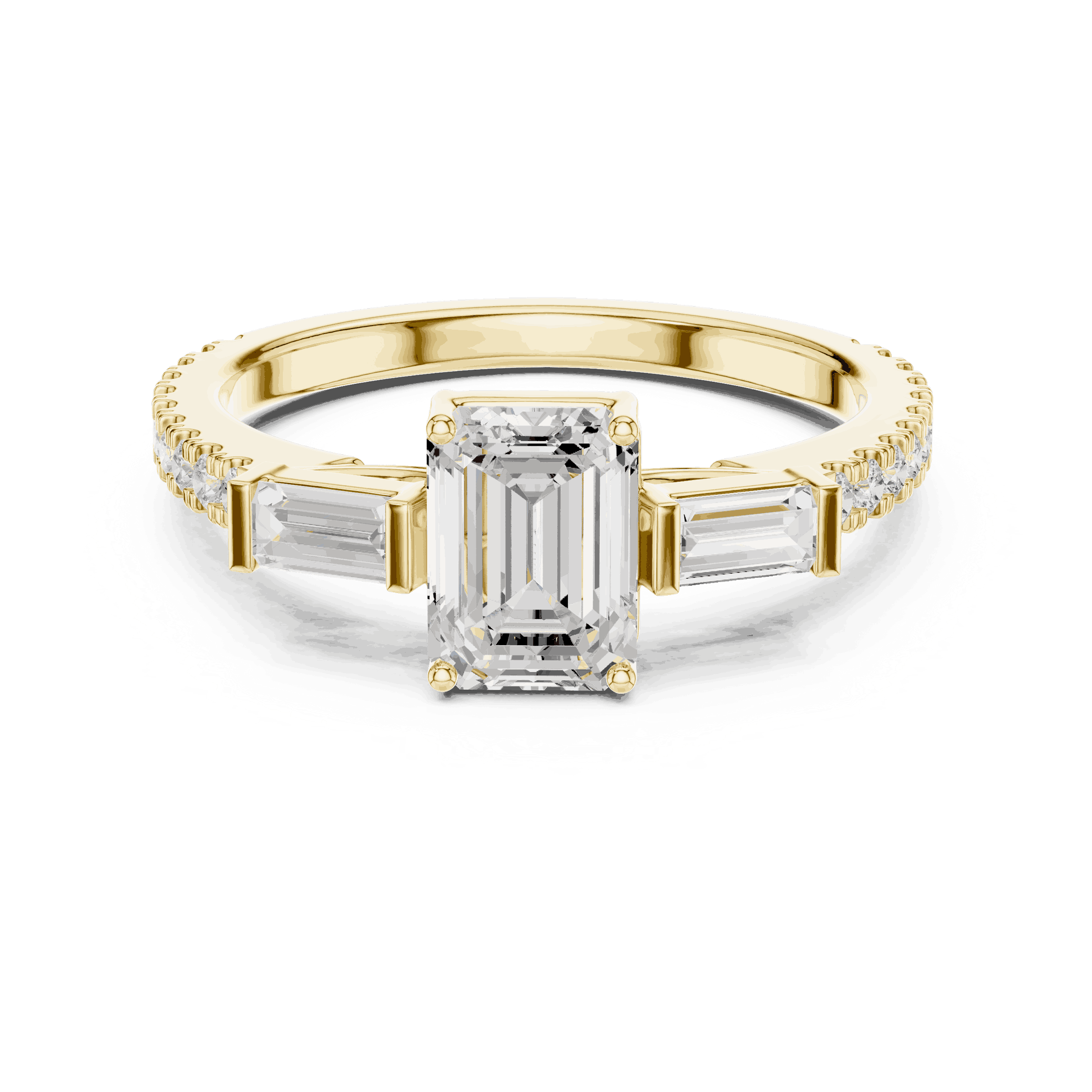 Emerald Diamond Three Stone Baguette Pave Engagement Ring Rose Gold 18K | Lab Grown | Driona Jewels