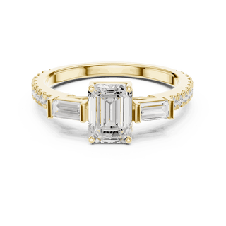 Emerald Diamond Three Stone Baguette Pave Engagement Ring Rose Gold 18K | Lab Grown | Driona Jewels