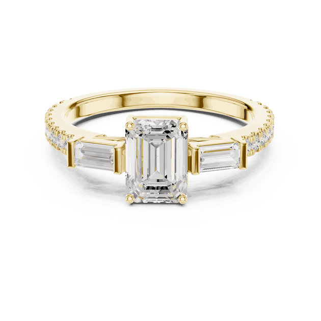 Emerald Diamond Three Stone Baguette Pave Engagement Ring Rose Gold 18K | Lab Grown | Driona Jewels