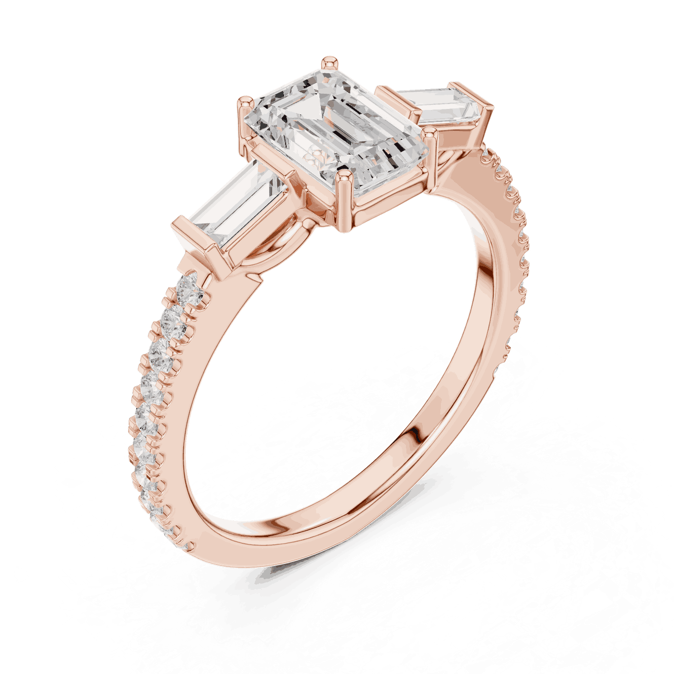 Emerald Diamond Three Stone Baguette Pave Engagement Ring Rose Gold 18K | Lab Grown | Driona Jewels