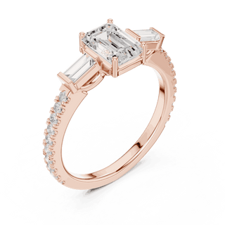 Emerald Diamond Three Stone Baguette Pave Engagement Ring Rose Gold 18K | Lab Grown | Driona Jewels
