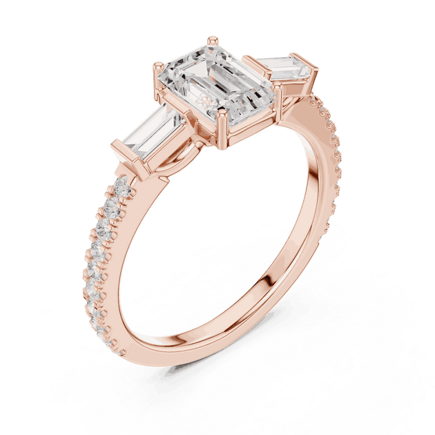 Emerald Diamond Three Stone Baguette Pave Engagement Ring Rose Gold 18K | Lab Grown | Driona Jewels