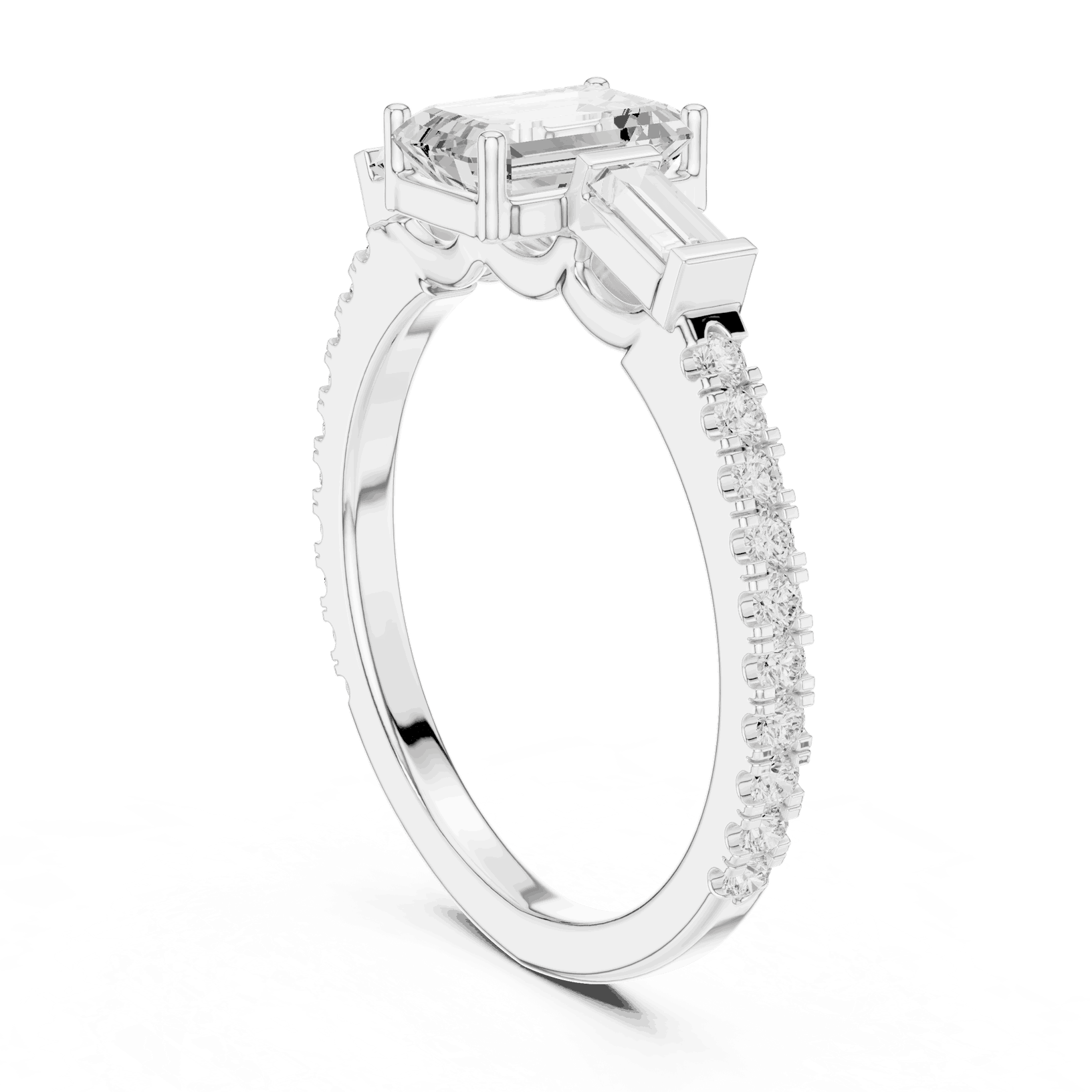 Emerald Diamond Three Stone Baguette Pave Engagement Ring Rose Gold 18K | Lab Grown | Driona Jewels