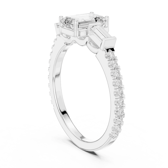 Emerald Diamond Three Stone Baguette Pave Engagement Ring Rose Gold 18K | Lab Grown | Driona Jewels