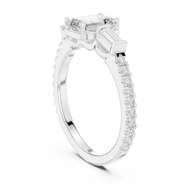 Emerald Diamond Three Stone Baguette Pave Engagement Ring Rose Gold 18K | Lab Grown | Driona Jewels