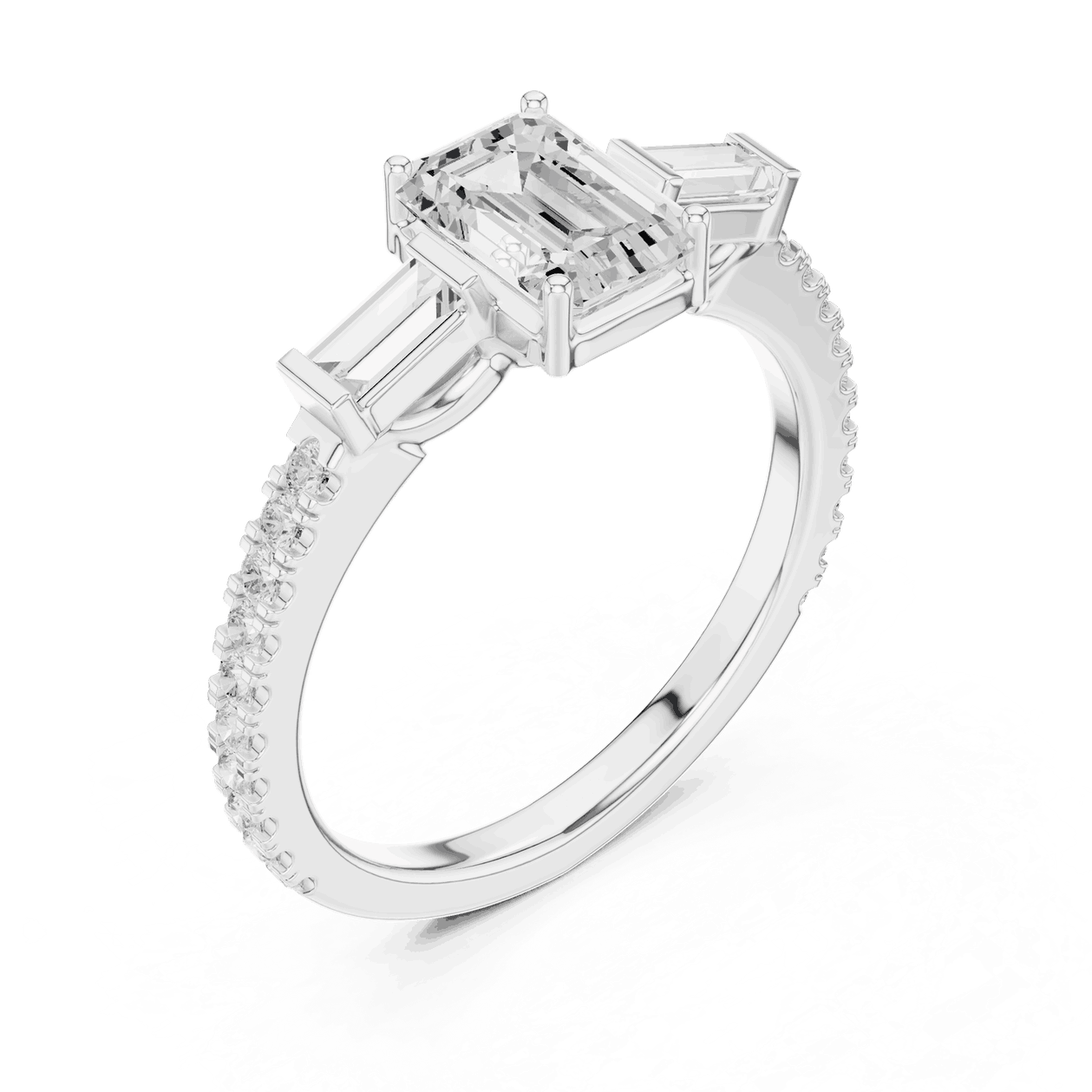 Emerald Diamond Three Stone Baguette Pave Engagement Ring Rose Gold 18K | Lab Grown | Driona Jewels