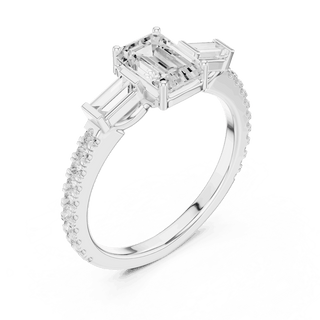Emerald Diamond Three Stone Baguette Pave Engagement Ring Rose Gold 18K | Lab Grown | Driona Jewels