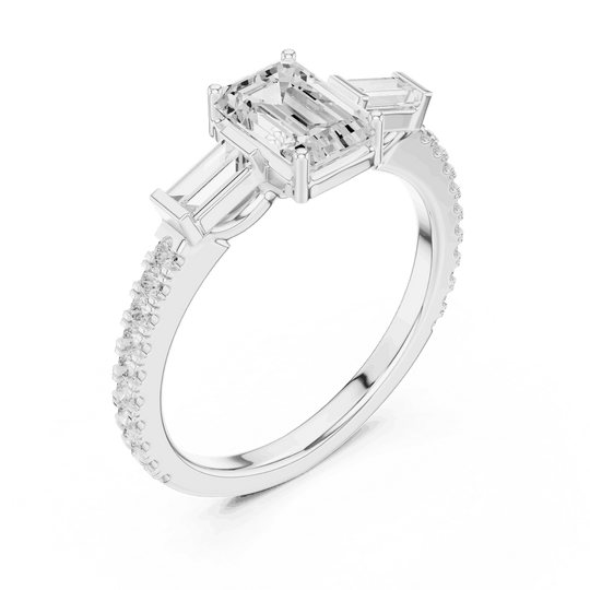 Emerald Diamond Three Stone Baguette Pave Engagement Ring Rose Gold 18K | Lab Grown | Driona Jewels