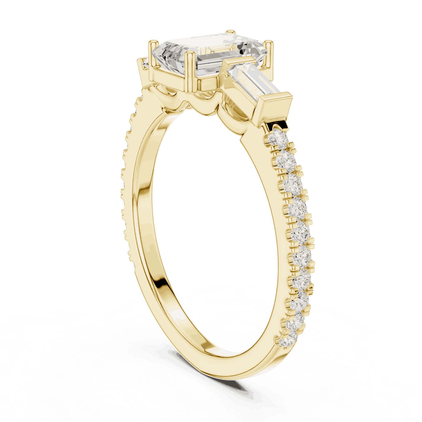 Emerald Diamond Three Stone Baguette Pave Engagement Ring Rose Gold 18K | Lab Grown | Driona Jewels