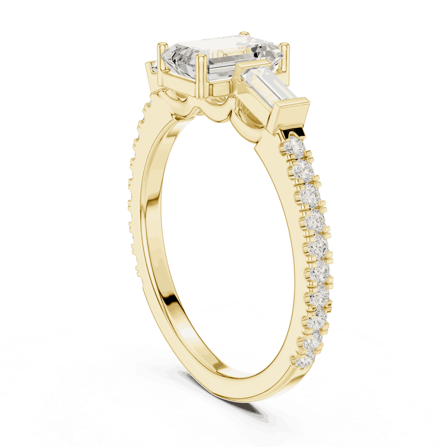 Emerald Diamond Three Stone Baguette Pave Engagement Ring Rose Gold 18K | Lab Grown | Driona Jewels