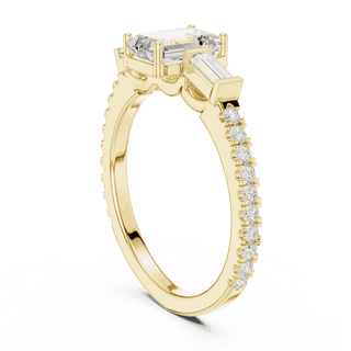 Emerald Diamond Three Stone Baguette Pave Engagement Ring Rose Gold 18K | Lab Grown | Driona Jewels