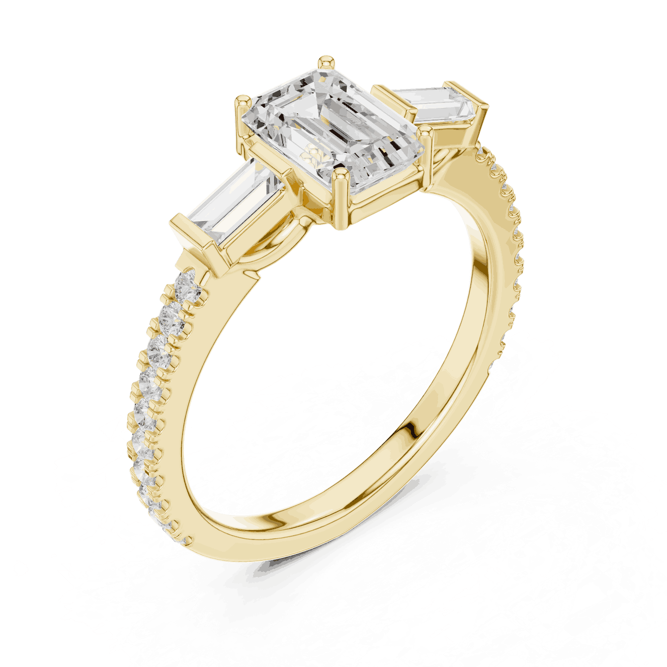 Emerald Diamond Three Stone Baguette Pave Engagement Ring Rose Gold 18K | Lab Grown | Driona Jewels