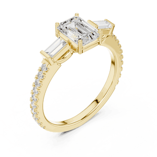 Emerald Diamond Three Stone Baguette Pave Engagement Ring Rose Gold 18K | Lab Grown | Driona Jewels