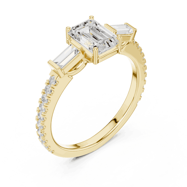Emerald Diamond Three Stone Baguette Pave Engagement Ring Rose Gold 18K | Lab Grown | Driona Jewels