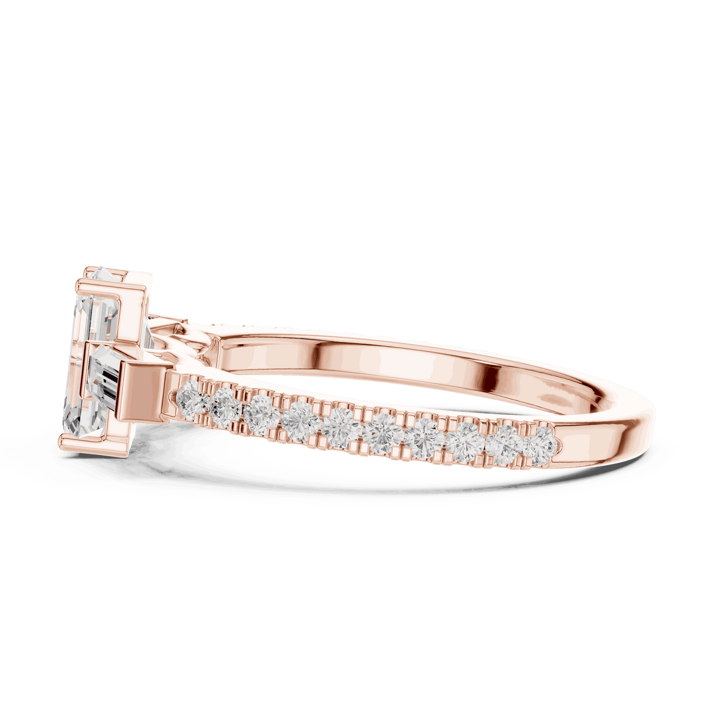 Emerald Diamond Three Stone Baguette Pave Engagement Ring Rose Gold 18K | Lab Grown | Driona Jewels