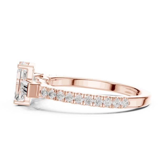 Emerald Diamond Three Stone Baguette Pave Engagement Ring Rose Gold 18K | Lab Grown | Driona Jewels