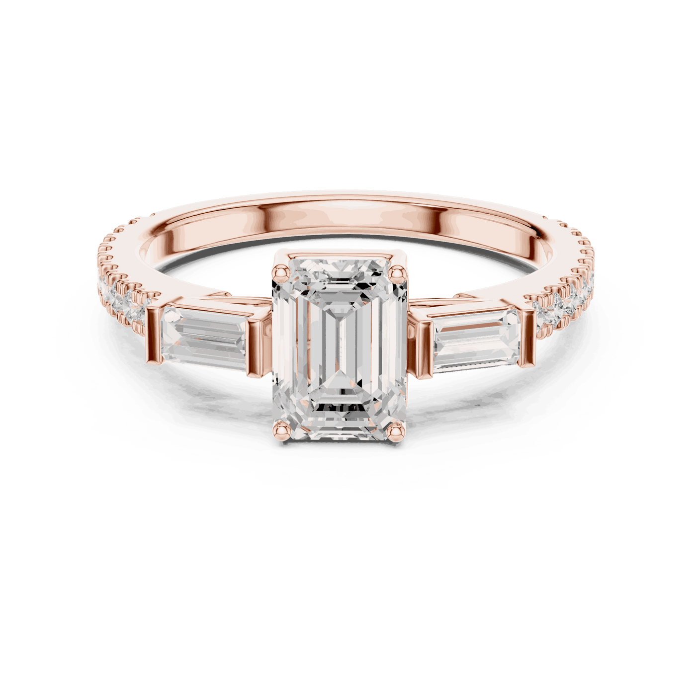 Emerald Diamond Three Stone Baguette Pave Engagement Ring Rose Gold 18K | Lab Grown | Driona Jewels