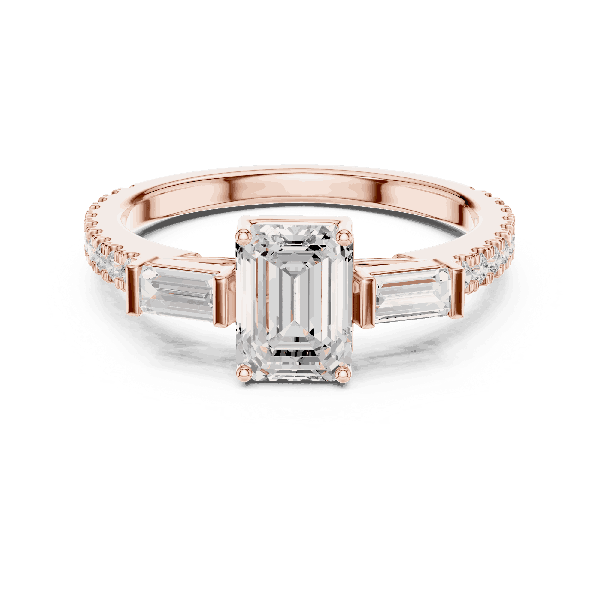 Emerald Diamond Three Stone Baguette Pave Engagement Ring Rose Gold 18K | Lab Grown | Driona Jewels