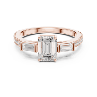 Emerald Diamond Three Stone Baguette Pave Engagement Ring Rose Gold 18K | Lab Grown | Driona Jewels