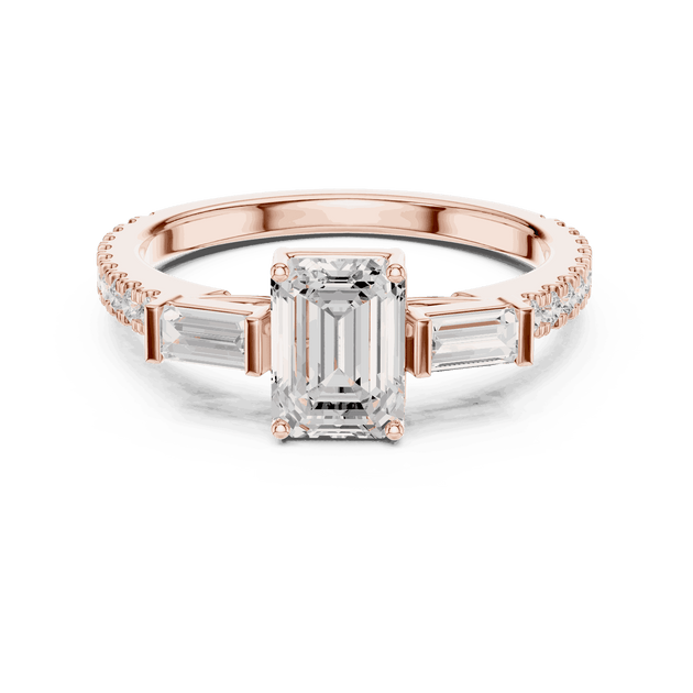 Emerald Diamond Three Stone Baguette Pave Engagement Ring Rose Gold 18K | Lab Grown | Driona Jewels