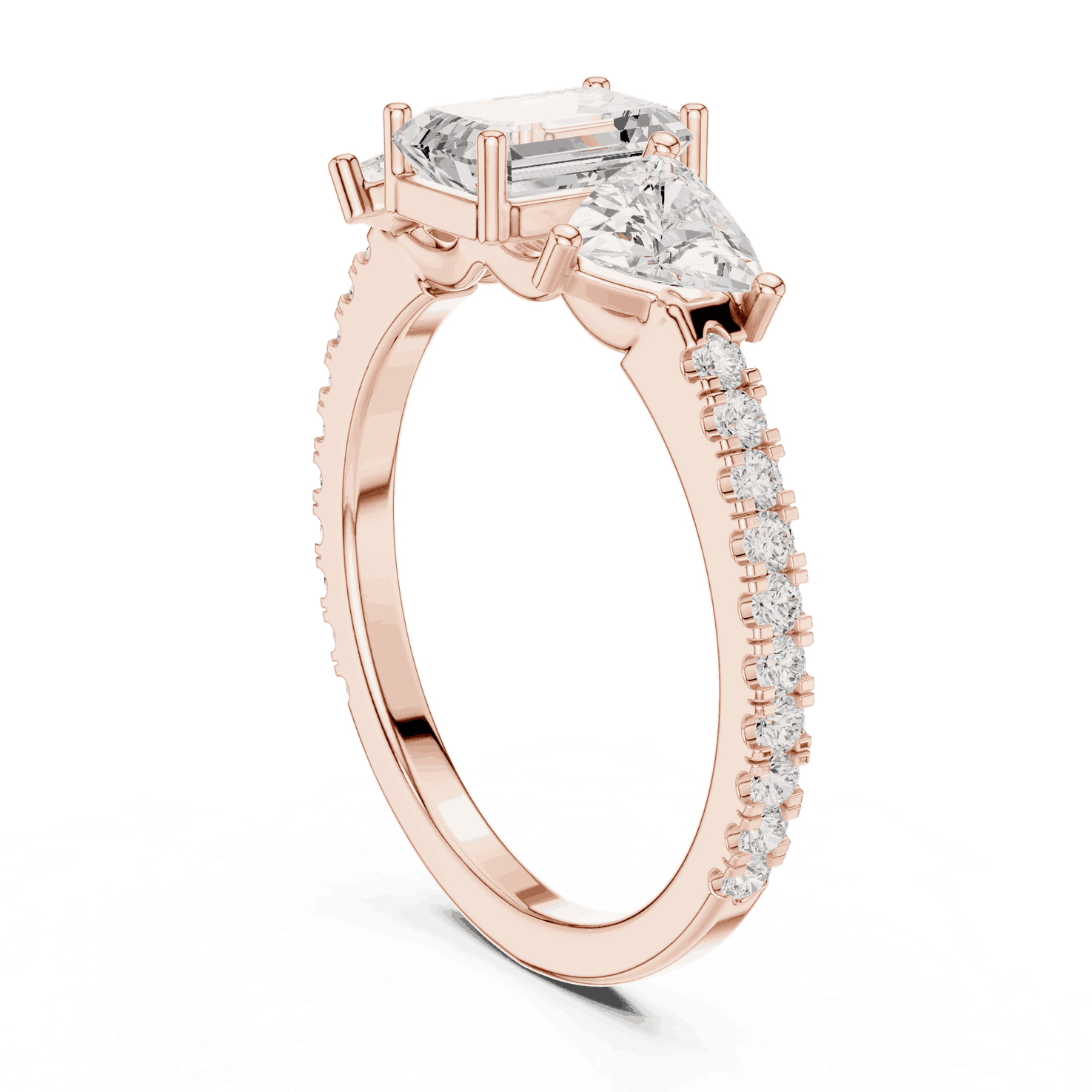 Emerald Diamond Three Stone Pave Engagement Ring Rose Gold 18K | Lab Grown | Driona Jewels