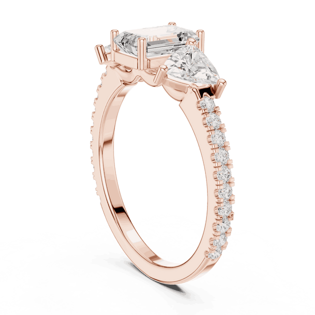 Emerald Diamond Three Stone Pave Engagement Ring Rose Gold 18K | Lab Grown | Driona Jewels