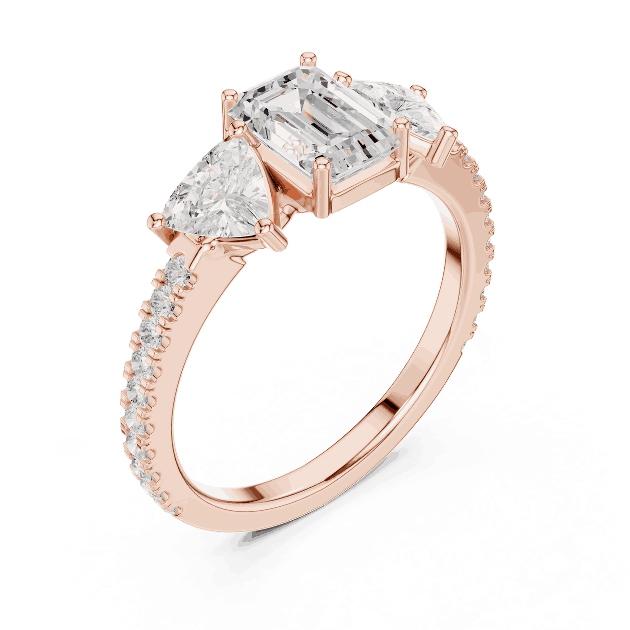 Emerald Diamond Three Stone Pave Engagement Ring Rose Gold 18K | Lab Grown | Driona Jewels