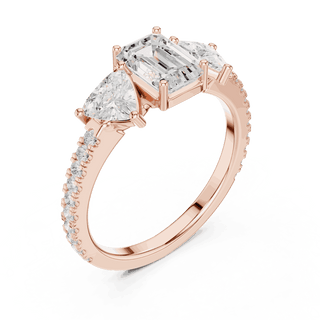 Emerald Diamond Three Stone Pave Engagement Ring Rose Gold 18K | Lab Grown | Driona Jewels