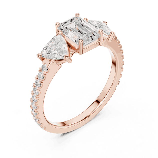 Emerald Diamond Three Stone Pave Engagement Ring Rose Gold 18K | Lab Grown | Driona Jewels