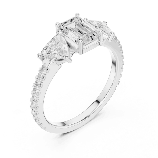 Emerald Diamond Three Stone Pave Engagement Ring Rose Gold 18K | Lab Grown | Driona Jewels