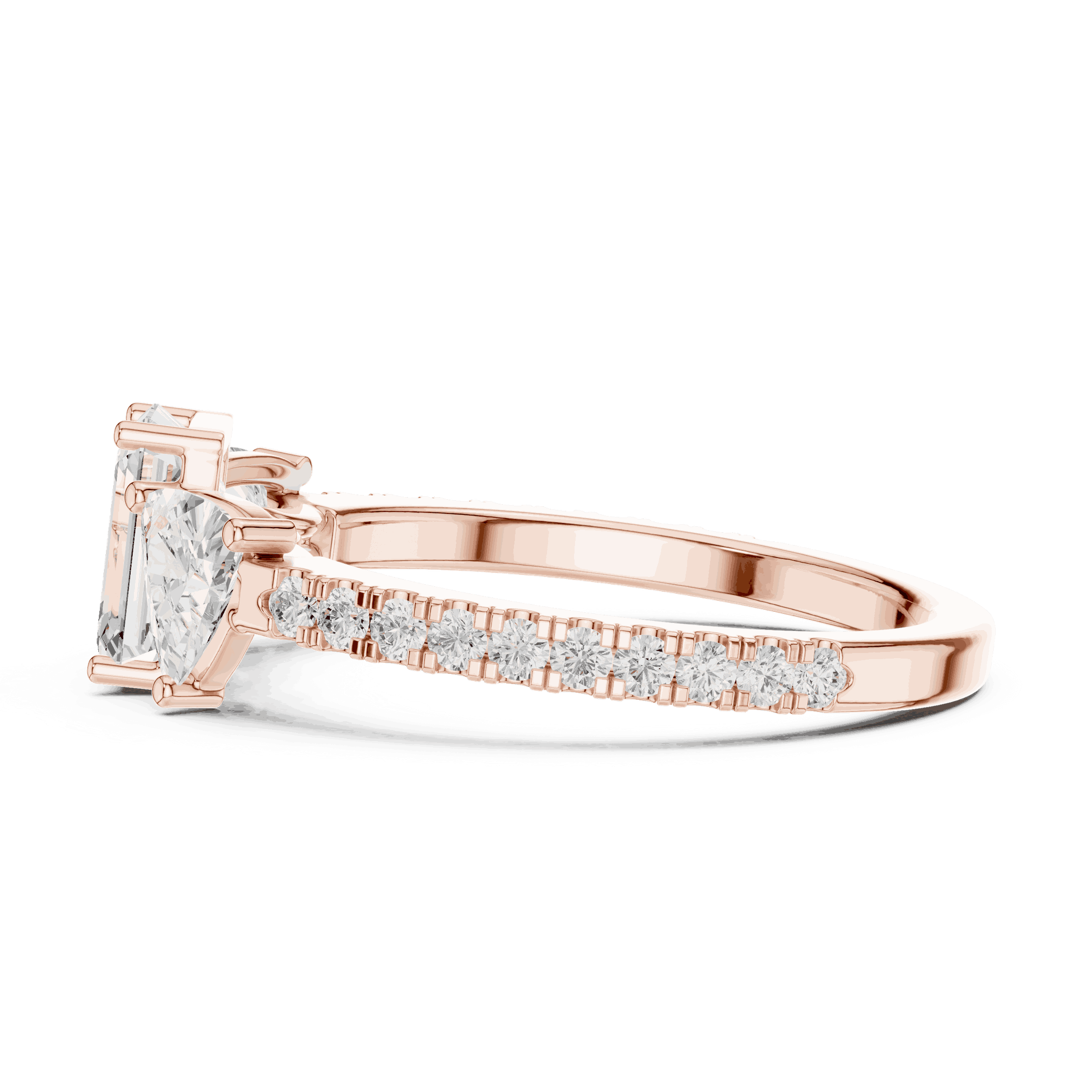 Emerald Diamond Three Stone Pave Engagement Ring Rose Gold 18K | Lab Grown | Driona Jewels