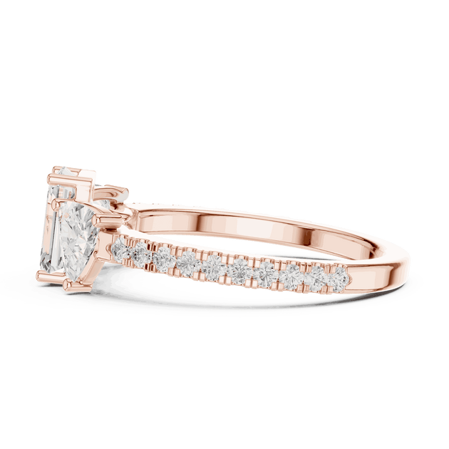 Emerald Diamond Three Stone Pave Engagement Ring Rose Gold 18K | Lab Grown | Driona Jewels