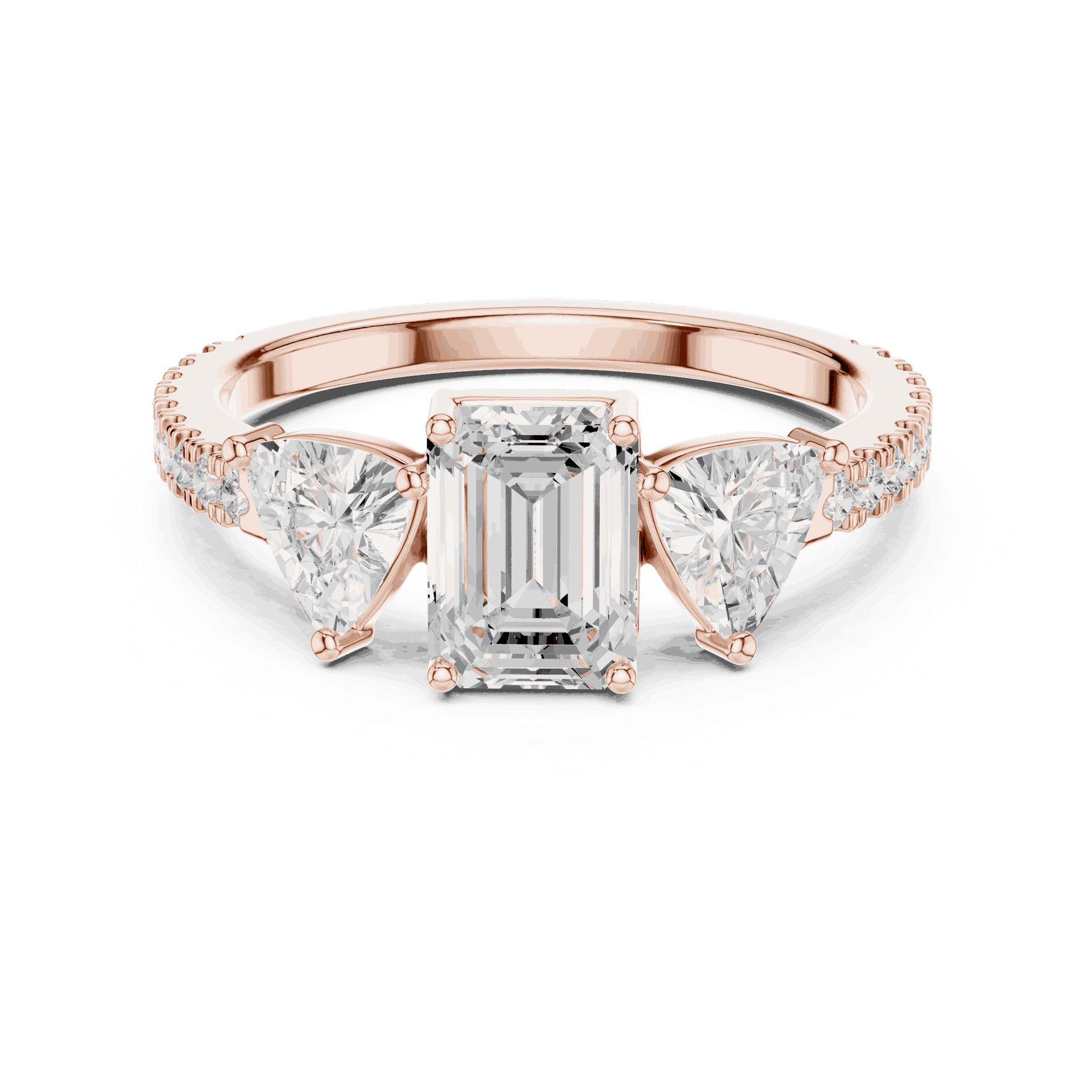 Emerald Diamond Three Stone Pave Engagement Ring Rose Gold 18K | Lab Grown | Driona Jewels