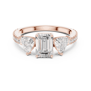 Emerald Diamond Three Stone Pave Engagement Ring Rose Gold 18K | Lab Grown | Driona Jewels