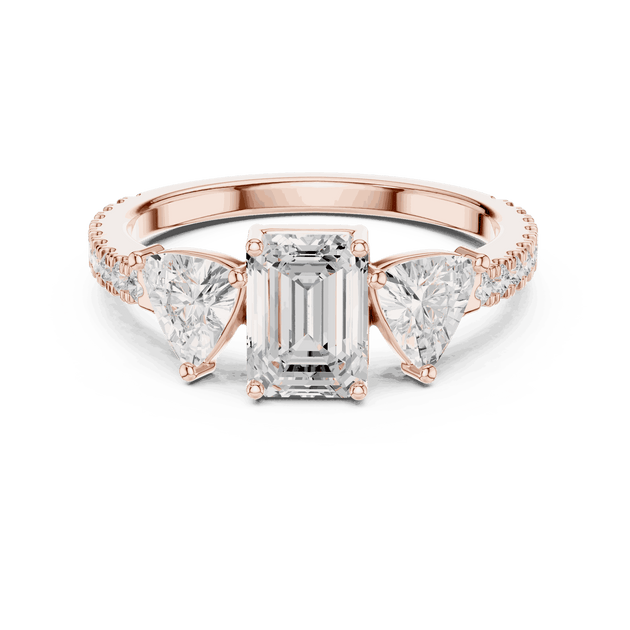 Emerald Diamond Three Stone Pave Engagement Ring Rose Gold 18K | Lab Grown | Driona Jewels