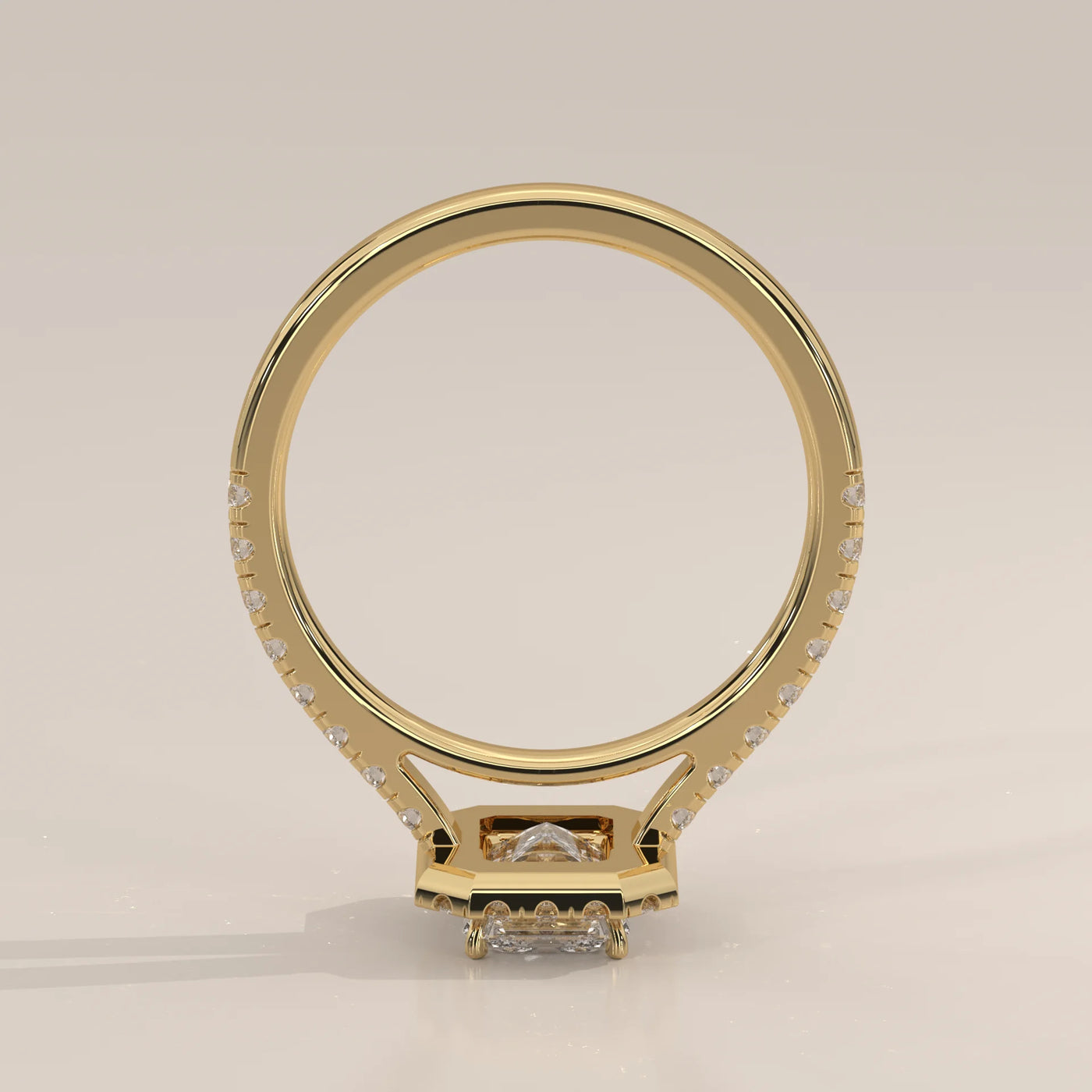 Front View: Emerald Cut Diamond Engagement Ring with Halo Setting in Yellow Gold – Lab Grown – Driona Jewels
