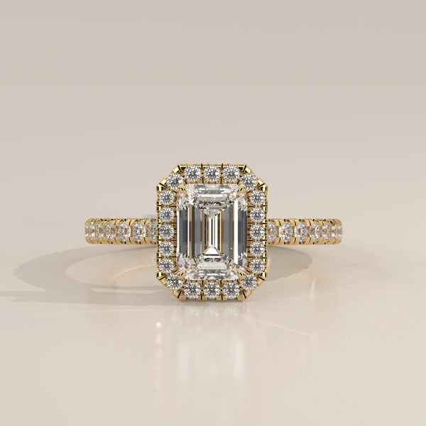Side Profile: Emerald Cut Diamond Engagement Ring with Halo Setting in Yellow Gold – Lab Grown – Driona Jewels