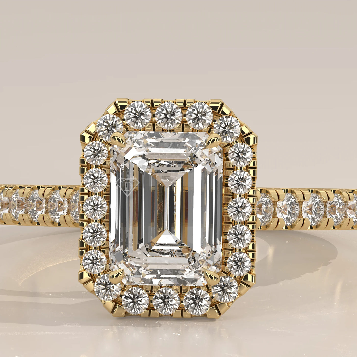 Stone Detail: Emerald Cut Lab Grown Diamonds in Halo Setting – Yellow Gold – Driona Jewels